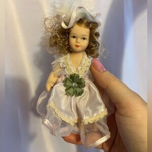 Vintage Small Porcelain Doll White Dress Green Flower